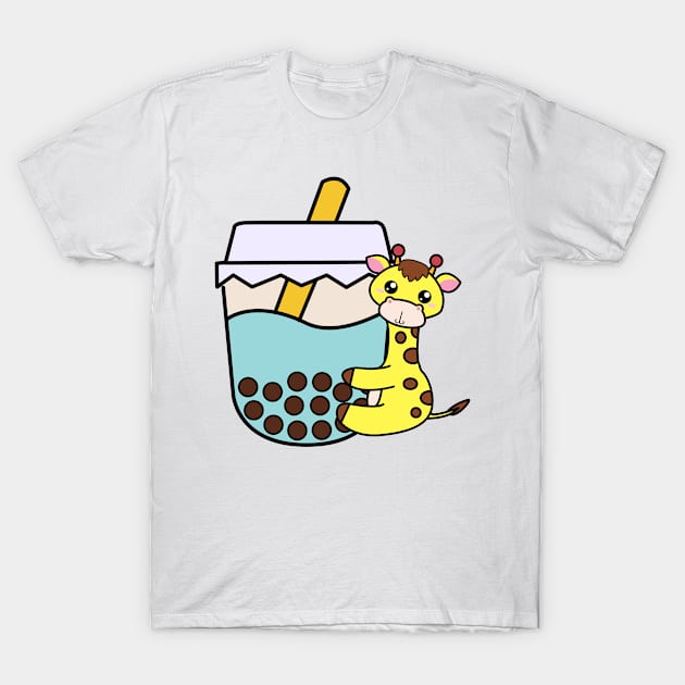 Baby Kawaii Giraffe Hugs Sweet Bubble Tea Blue Boba Tea T-Shirt by 4U2NV-LDN